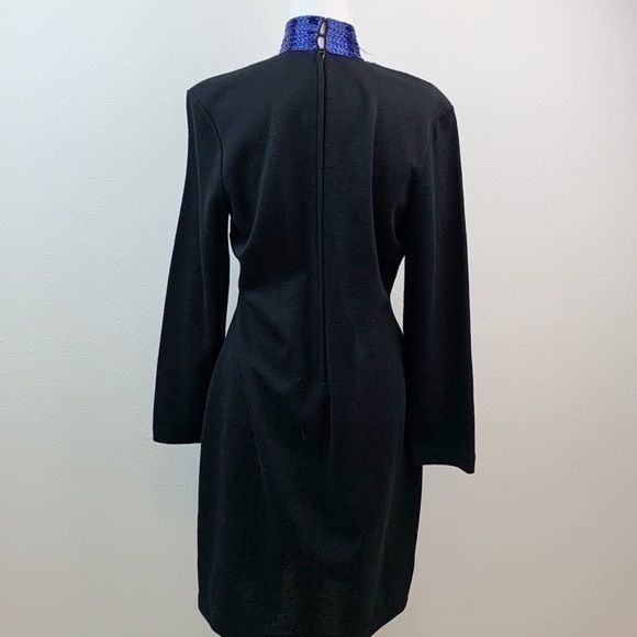 Vintage wool blend 90s beaded sheer illusion deep V neck fitted sheath dress EUC - Picture 9 of 13